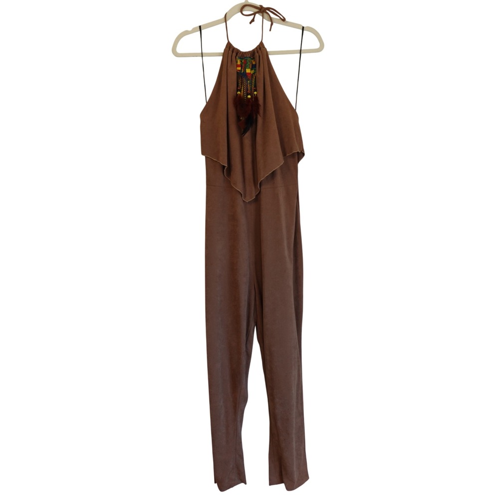 Vintage 70s Brown Faux Suede Halter Jumpsuit Tribal Feather Boho‎ Festival  13